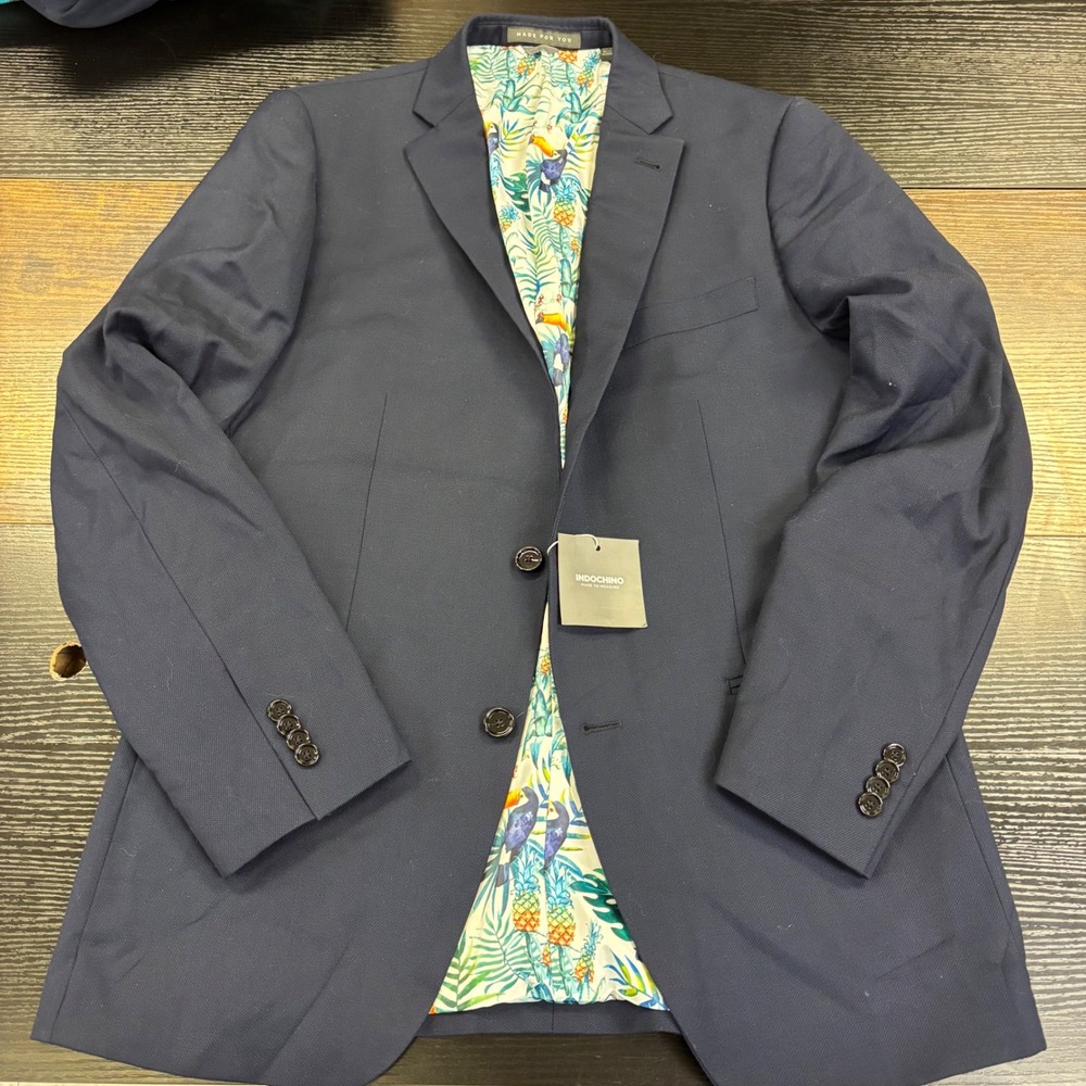 Indochino Navy Textured Blazer Tropical Bird Pineapple Lined Made to Measure Men